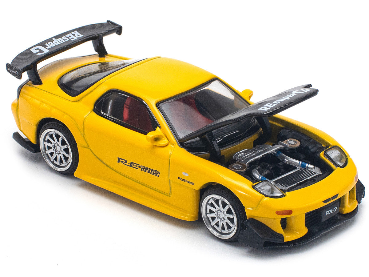 Mazda RX7 (FD) "RE Amemiya" Widebody RHD (Right Hand Drive) Yellow with Carbon Hood 1/64 Diecast Model Car by Pop Race-1