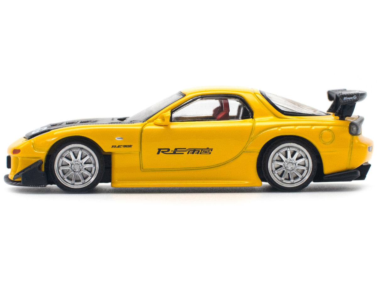 Mazda RX7 (FD) "RE Amemiya" Widebody RHD (Right Hand Drive) Yellow with Carbon Hood 1/64 Diecast Model Car by Pop Race-0