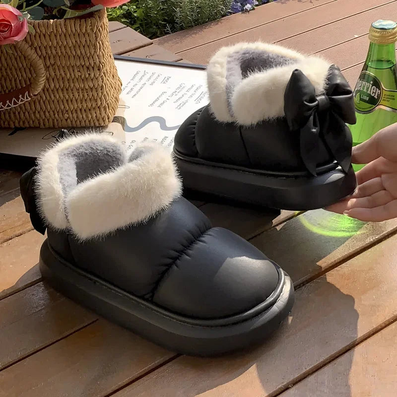 Cute Warm Ankle Boots Winter Women's Bow Warmth Plush Bow Cotton Shoes 2024 New Waterproof Down Cloth Short Barrel Snow Boots - Kanasu Enterprises