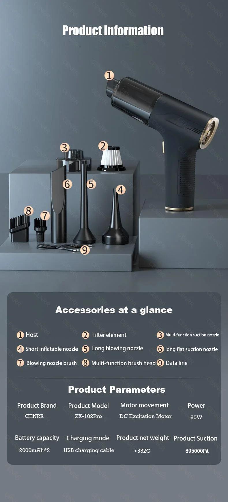 CENRR 895000PA Car Vacuum Cleaner Mini Powerful Wireless Handheld Cleaning Machine Home Appliance Portable Vacuum Cleaner - Kanasu Enterprises