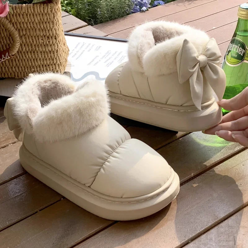 Cute Warm Ankle Boots Winter Women's Bow Warmth Plush Bow Cotton Shoes 2024 New Waterproof Down Cloth Short Barrel Snow Boots - Kanasu Enterprises
