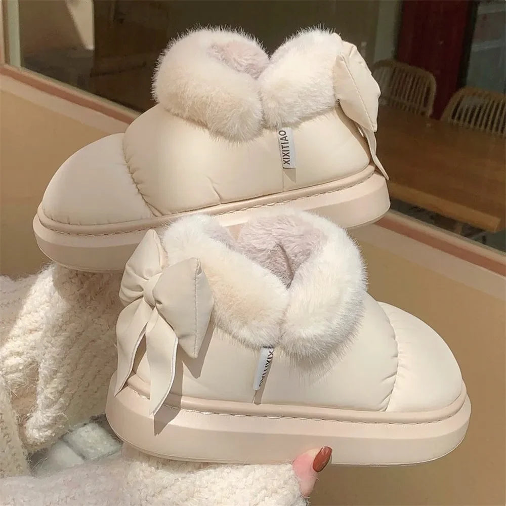 Cute Warm Ankle Boots Winter Women's Bow Warmth Plush Bow Cotton Shoes 2024 New Waterproof Down Cloth Short Barrel Snow Boots - Kanasu Enterprises
