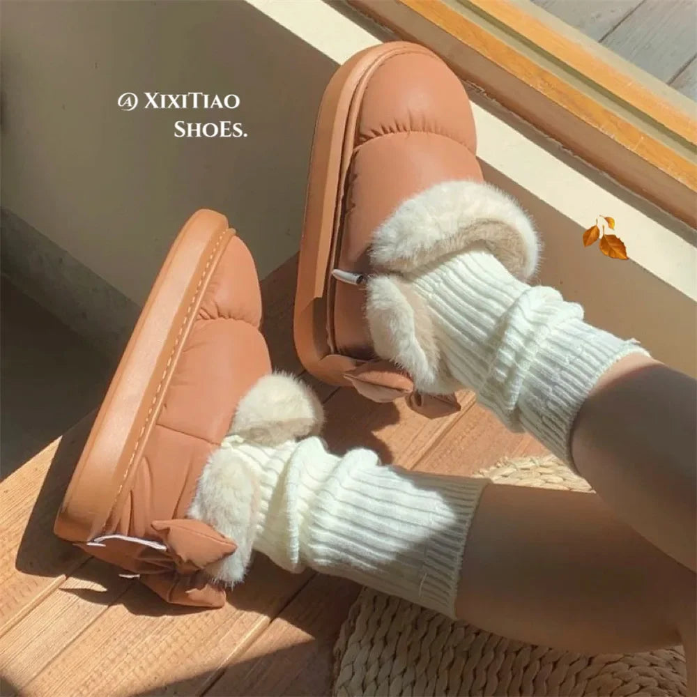 Cute Warm Ankle Boots Winter Women's Bow Warmth Plush Bow Cotton Shoes 2024 New Waterproof Down Cloth Short Barrel Snow Boots - Kanasu Enterprises