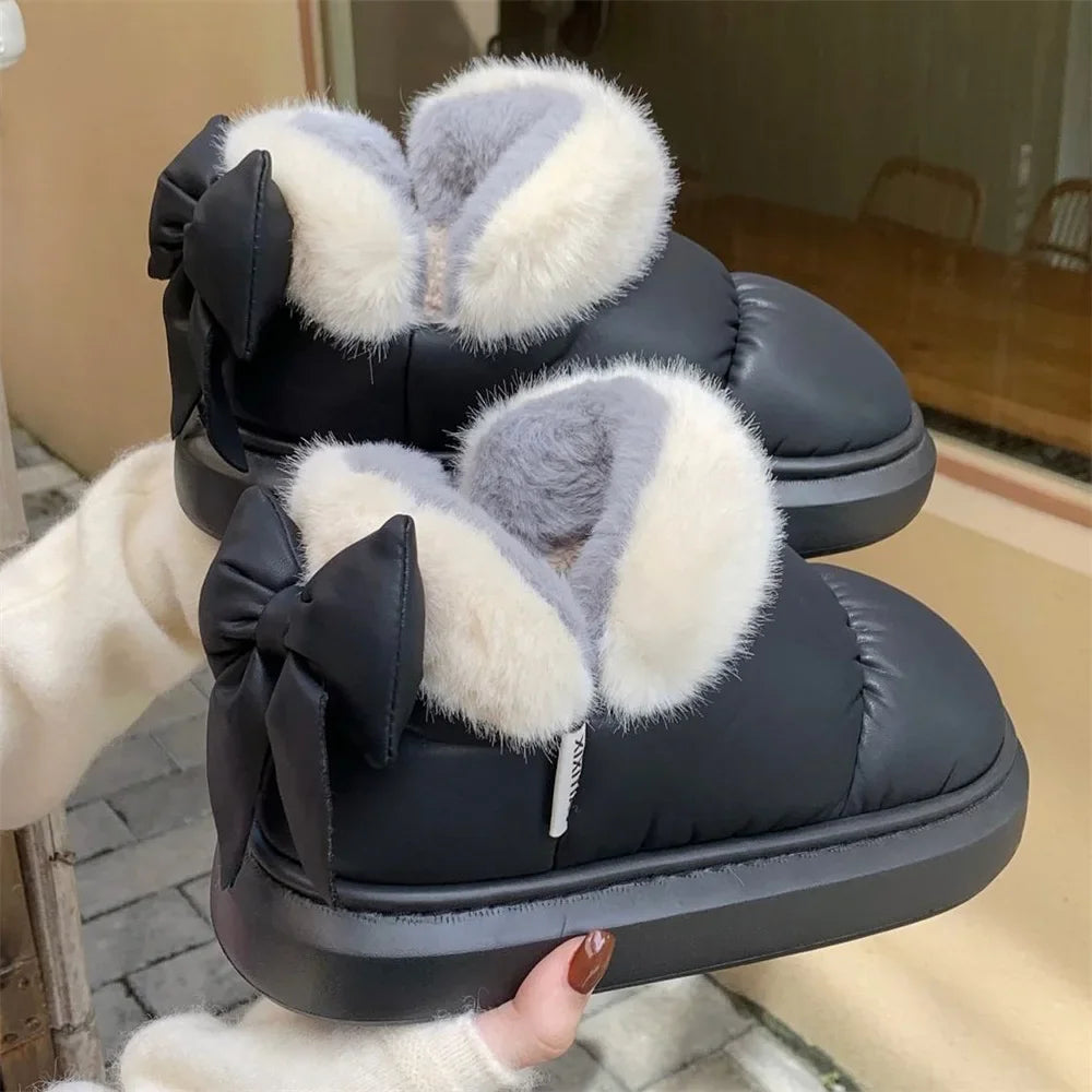 Cute Warm Ankle Boots Winter Women's Bow Warmth Plush Bow Cotton Shoes 2024 New Waterproof Down Cloth Short Barrel Snow Boots - Kanasu Enterprises