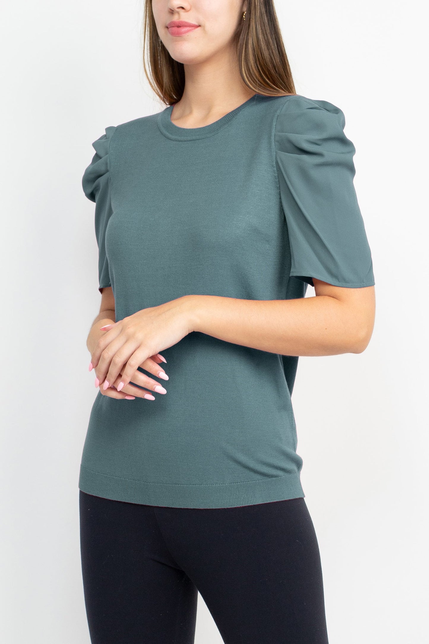 Adrianna Papell Crew Neck Short Sleeve Ruffled Shoulder Solid Knit Top-3