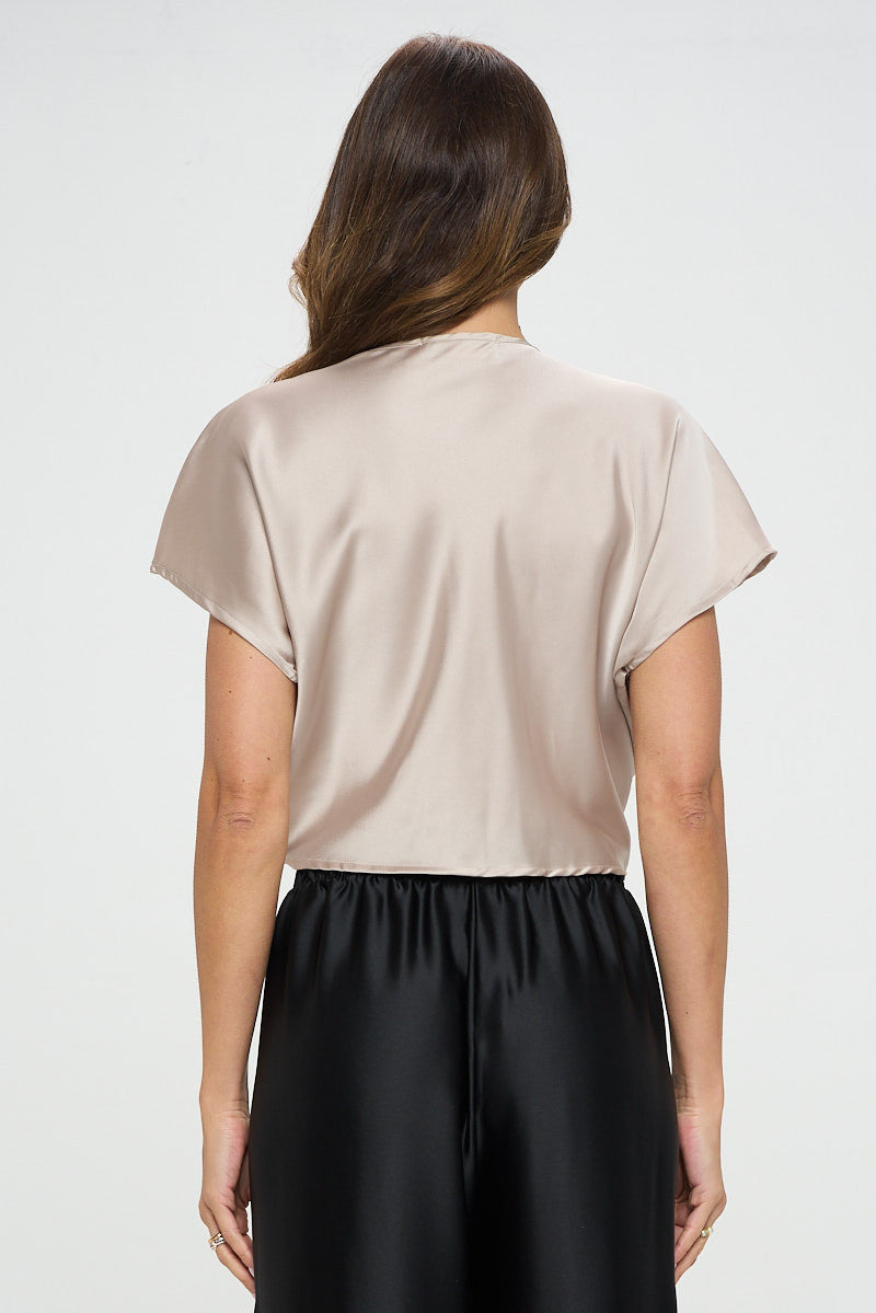 Satin Short Sleeve Top with Front Twist-3