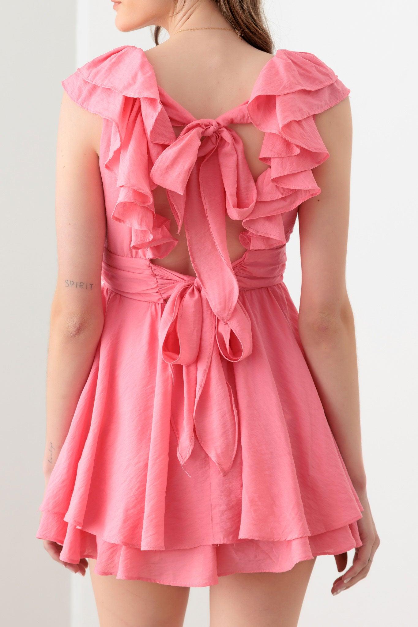 Doll Pink Ruffle Detail Front Button Romper Mini Dress-3