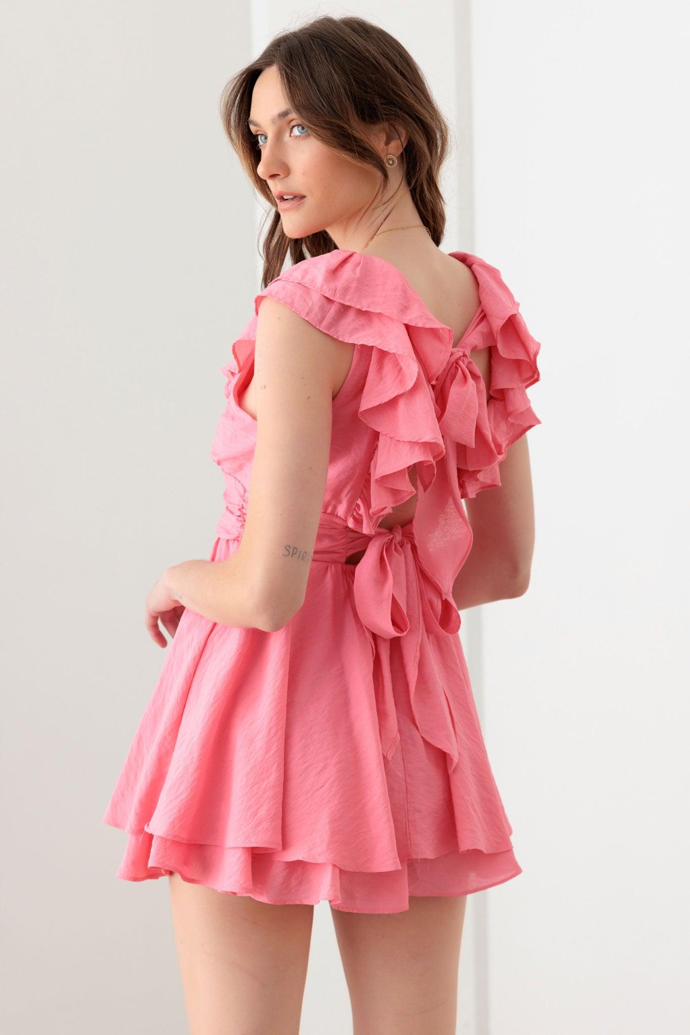 Doll Pink Ruffle Detail Front Button Romper Mini Dress-1