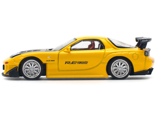 Mazda RX7 (FD) "RE Amemiya" Widebody RHD (Right Hand Drive) Yellow with Carbon Hood 1/64 Diecast Model Car by Pop Race-0