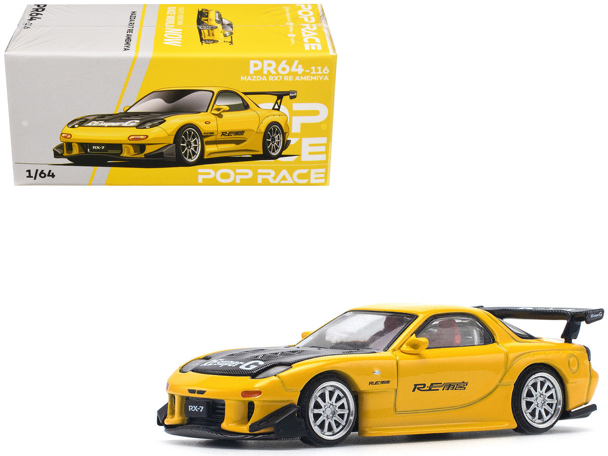 Mazda RX7 (FD) "RE Amemiya" Widebody RHD (Right Hand Drive) Yellow with Carbon Hood 1/64 Diecast Model Car by Pop Race-3