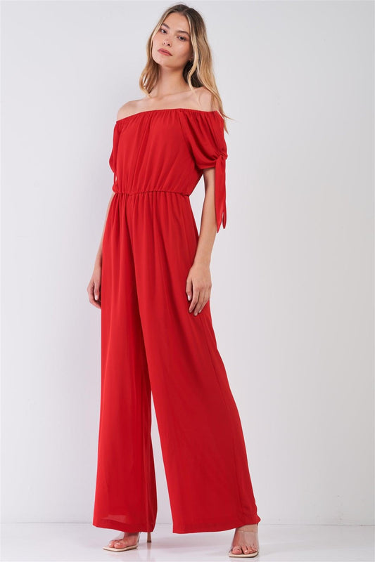 Red Off-The-Shoulder Wide Leg Jumpsuit-0