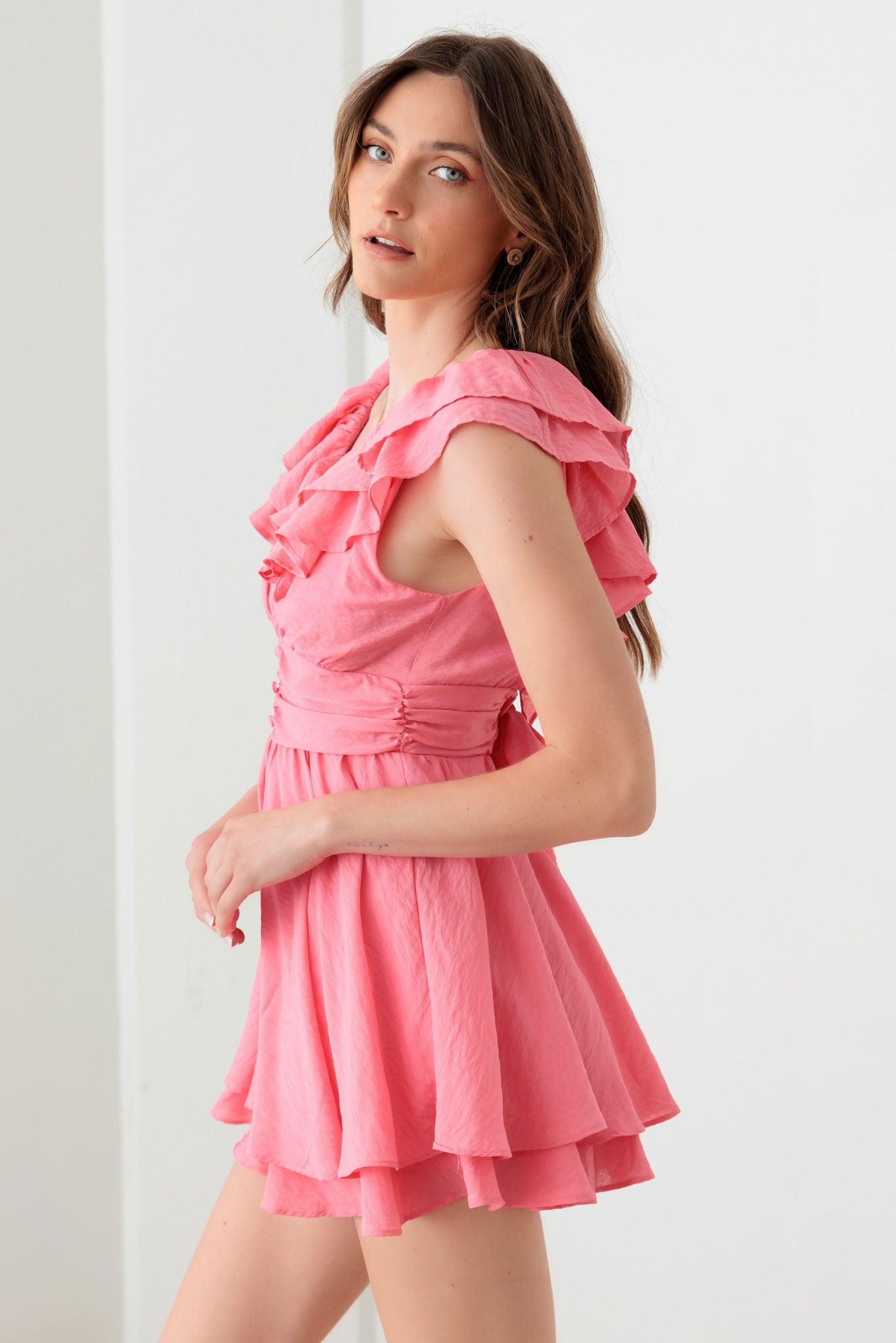 Doll Pink Ruffle Detail Front Button Romper Mini Dress-2