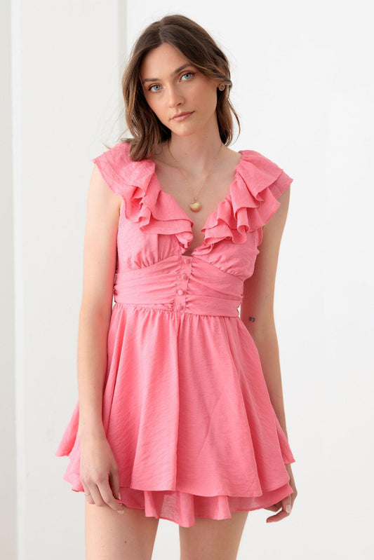 Doll Pink Ruffle Detail Front Button Romper Mini Dress-0